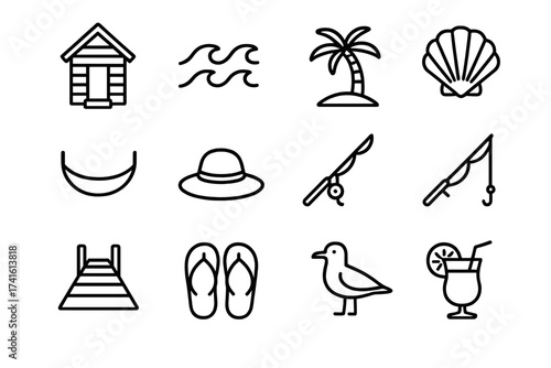 Coastal Retreat Icon Set. Outline icon set of coastal tiny house retreats: beach hut, ocean waves, palm tree,