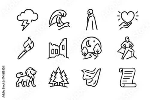 Romanticism Icon Set. Outline icon set of Romanticism: storm cloud, dramatic wave, lone figure, emotion heart,