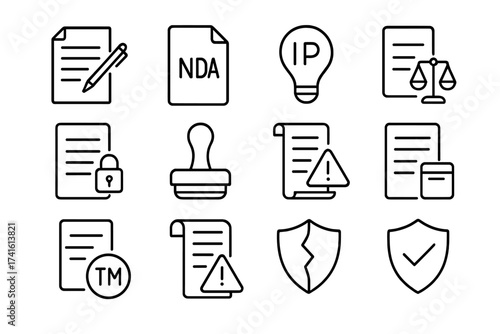 Legal Icons Grid. Outline icon set of legal and compliance issues: contract icon, NDA file, IP rights, privacy