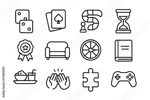 Family Game Night Icons. Outline icon set of family game night: dice icon, card deck, board path, hourglass