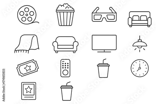 Family Movie Night Icons. Outline icon set of family movie nights: film reel, popcorn bucket, 3D glasses, cozy
