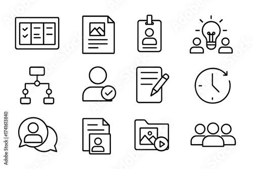 Marketing Team Icons. Outline icon set of marketing team collaboration: task board, creative brief, role tag,