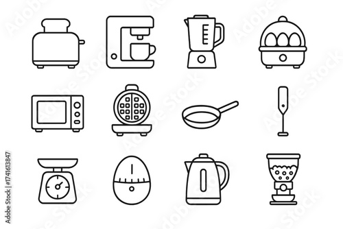 Breakfast Appliance Icons. Outline icon set of breakfast appliances: toaster, coffee machine, smoothie blender