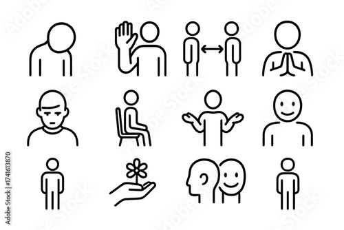 Cultural Body Language Icons. Outline icon set of cultural body language: bowed head, hand wave, personal