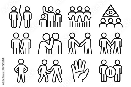 Group Dynamics Icons. Outline icon set of group dynamics in conflict: divided group, hand raise, tension wave,