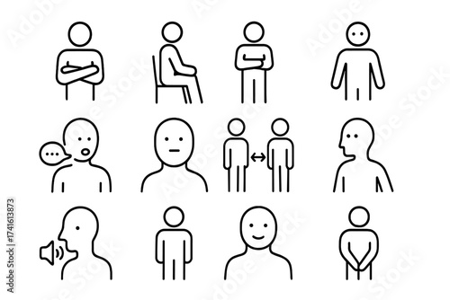 Defensive Behavior Icons. Outline icon set of defensive behavior signs: arms crossed, legs turned away,