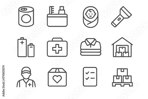 Humanitarian Aid Icons. Outline icon set of humanitarian aid packages: canned food, hygiene pack, baby formula