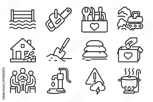 Natural Disaster Recovery Icons. Outline icon set of natural disaster recovery: flood barrier, chainsaw,