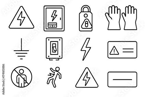 Electrical Safety Icons. Outline icon set of electrical hazard signage: high voltage sign, electrical panel,