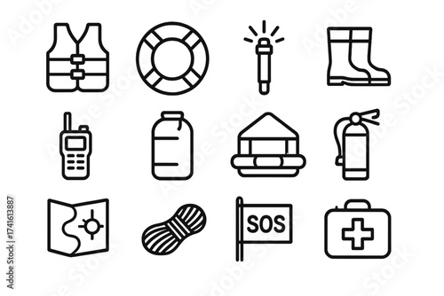 Marine Safety Icons. Outline icon set of marine safety equipment icons: life vest, lifebuoy ring, emergency