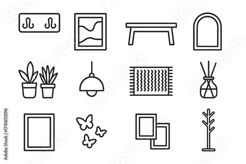 Entry Decor Icons. Outline icon set of entry decor and accents: coat hook art, wooden bench, mirror frame,