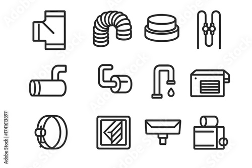 HVAC Icon Set. Outline icon set of HVAC duct and piping combo: duct branch, flexible duct, duct collar,