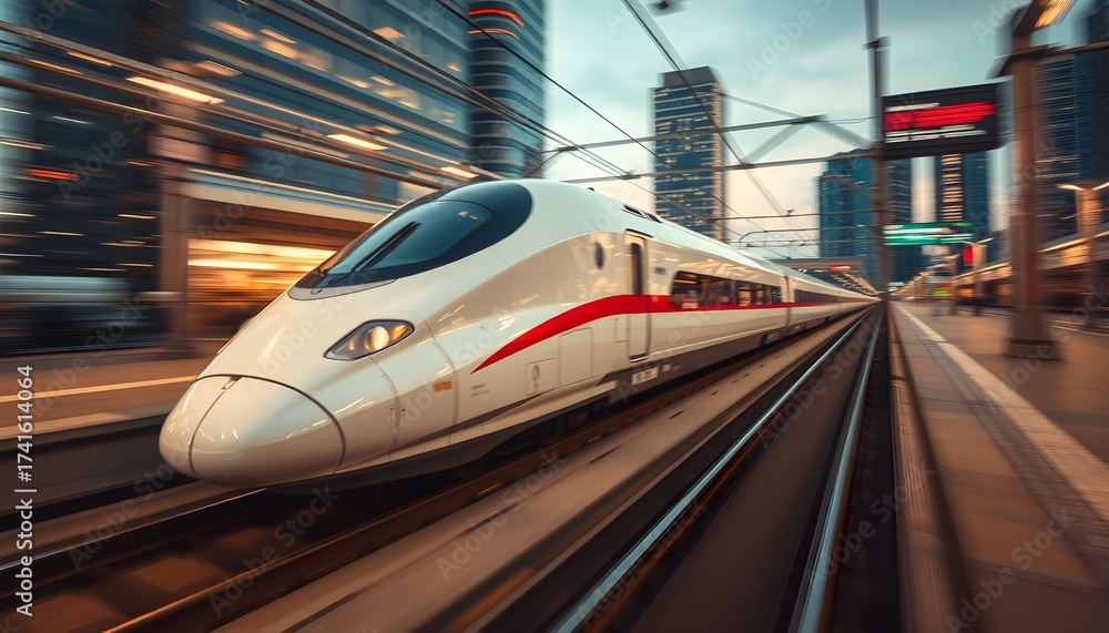 Fototapeta premium A sleek, modern high-speed train glides along its tracks through a bustling urban environment.