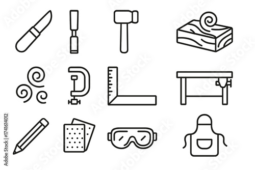 Wood Carving Tools Icons. Outline icon set of wood carving basics: carving knife, chisel, mallet, wood block,