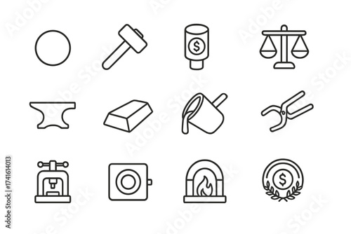 Coin Minting Icons. Outline icon set of coin minting history: coin blank, mint hammer, die stamp, scale, anvil