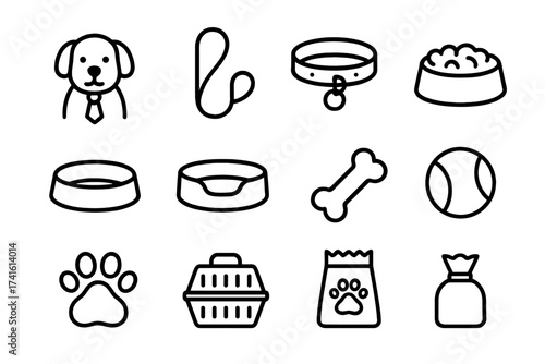 Office Dogs Icons. Outline icon set of office dogs: dog, leash, collar, food bowl, water bowl, dog bed, bone,