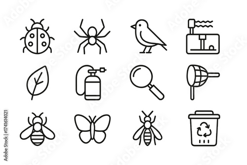 Pest Management Icons. Outline icon set of integrated pest management: ladybug, spider, bird, trap, plant leaf