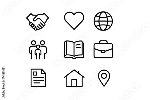 Refugee Support Icons. Outline icon set of refugee community support: handshake, heart, globe, family, book,