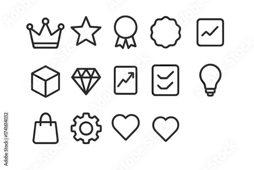 Premium Product Icons. Outline icon set of premium product branding: crown, star, ribbon, badge, product box,