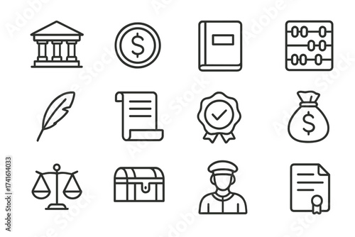 Early Banking Icons. Outline icon set of early banking: bank building, coin, ledger, abacus, quill, scroll,
