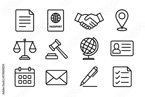 Asylum Process Icons. Outline icon set of asylum process: document, passport, handshake, map pin, scales of