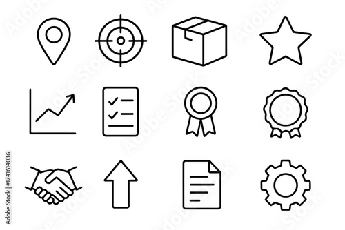 Market Position Icons. Outline icon set of market positioning: map pin, target, product box, star, chart,