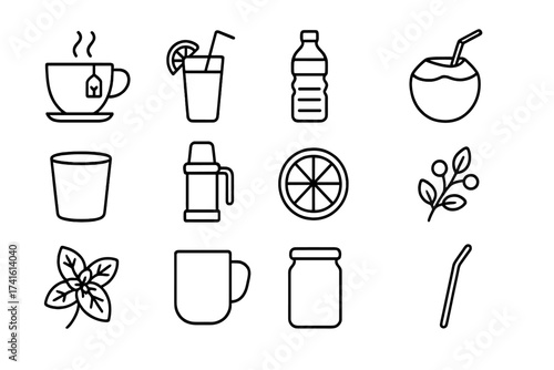 Nature Drink Icons. Outline icon set of nature-inspired drinks: herbal tea, fruit juice, water bottle, coconut