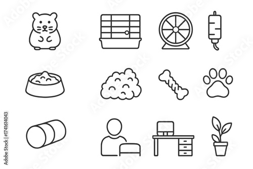 Small Pet Office Icons. Outline icon set of small pets in office: hamster, cage, wheel, water bottle, food