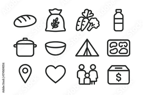 Refugee Food Security Icons. Outline icon set of refugee food security: bread, rice bag, vegetables, water
