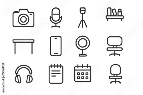 Content Creation Icons. Outline icon set of content creation setup: camera, microphone, tripod, laptop, desk,