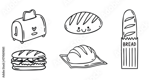 Bread and toast set baguette sandwich toaster and fresh loaf line art outline, monochrome hand drawn.