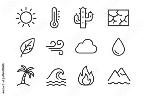 Drought Icon Set. Outline icon set of drought and heatwaves: sun, thermometer, cactus, cracked ground, leaf,