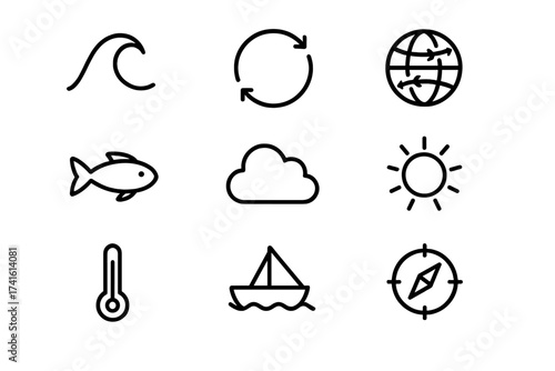 Ocean Currents Icons. Outline icon set of ocean currents and weather: wave, arrow loop, globe, fish, cloud,