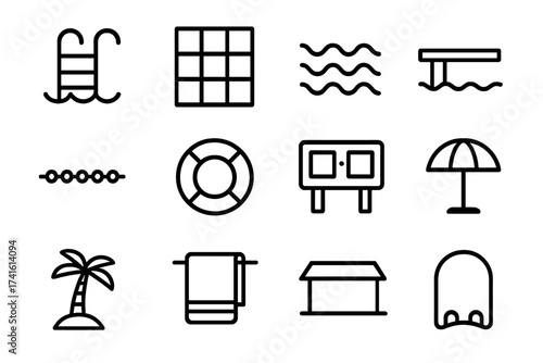 Swimming Pool Icons. Outline icon set of swimming pool architecture: ladder, pool tiles, water waves, diving