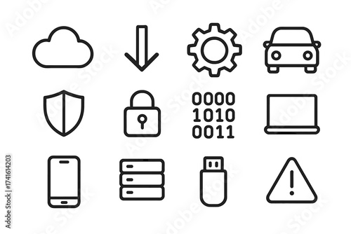 Automotive Software Update Icons. Outline icon set of automotive software updates: cloud, download arrow, gear