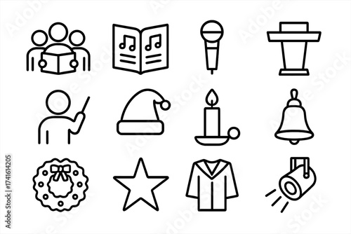 Christmas Choir Icons. Outline icon set of Christmas concert choir: singers, sheet music, microphone, podium,