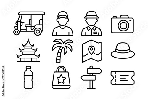 Tuk-Tuk Tour Icons. Outline icon set of tuk-tuk sightseeing tour: tuk-tuk, tourist, guide, camera, temple,