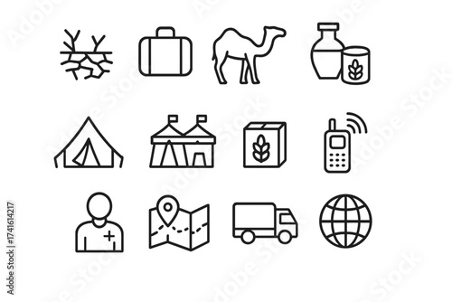 Drought Migration Icons. Outline icon set of drought migration: cracked ground, suitcase, camel, water jug,