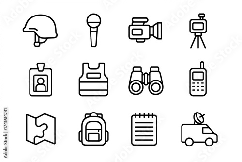 Military Press Gear Icons. Outline icon set of military field coverage: helmet, microphone, camera, tripod,