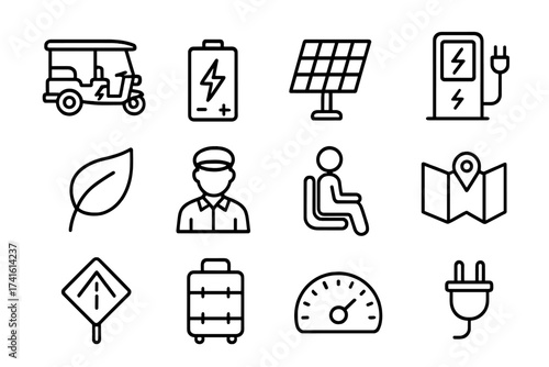 Eco Tuk-Tuk Icons. Outline icon set of eco-friendly tuk-tuks: electric tuk-tuk, battery, solar panel, charging