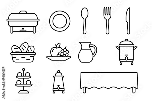 Brunch Buffet Icons. Outline icon set of brunch buffet setup: chafing dish, plate stack, serving spoon, fork,