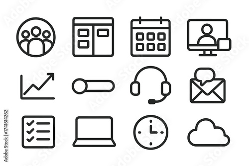 Virtual Team Icons. Outline icon set of virtual team management: group avatars, task board, calendar, video