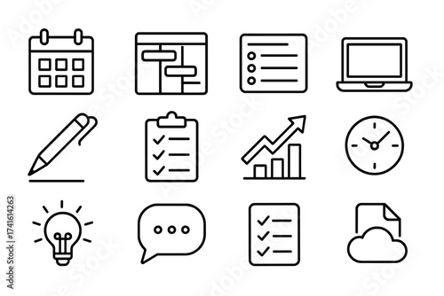 Remote Planning Icons. Outline icon set of remote project planning: calendar, Gantt chart, task list, laptop,