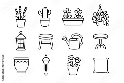 Balcony Plant Icons. Outline icon set of decorative balcony plants: potted lavender, small cactus, flower box,