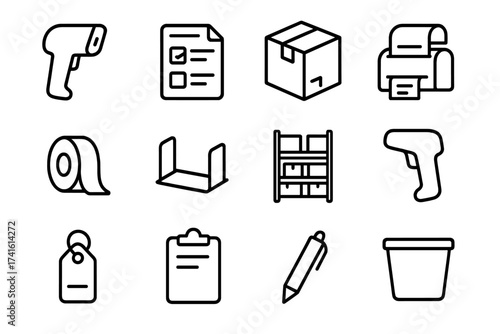 Retail Stockroom Icons. Outline icon set of retail stockroom labeling: barcode scanner, inventory sheet,