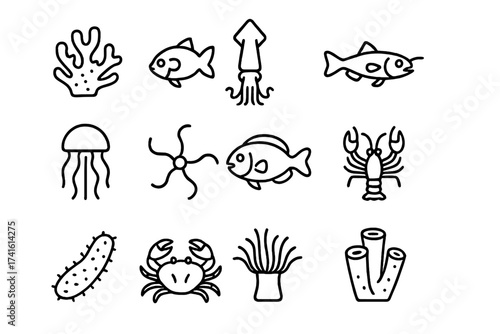 Bioluminescent Reef Icons. Outline icon set of coral reef at night: bioluminescent coral, flashlight fish,