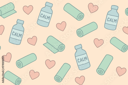 Relaxing patterns of calming bottles and yoga mats with heart shapes that evoke a sense of peace and wellness in a soothing pastel background