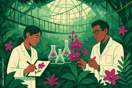 Scientists study purple orchids in a botanical garden during a research project on plant biology and conservation efforts