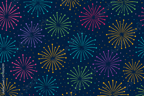Colorful fireworks pattern on a dark background suitable for festive celebrations and designs