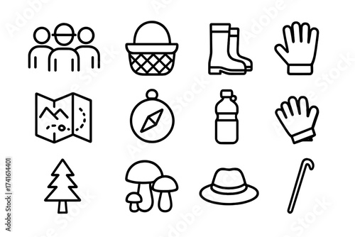Mushroom Foraging Icons. Outline icon set of group mushroom foraging: three people, basket, boots, map,